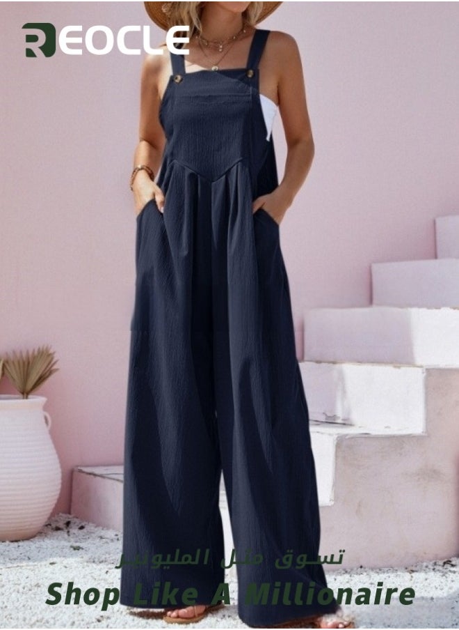 Women's Loose Jumpsuits One Piece Sleeveless Wide Leg Long Pant Rompers with Pockets Casual Beach Straight Overalls