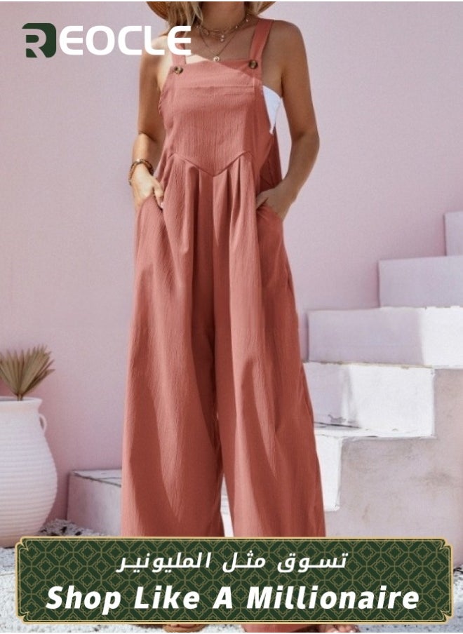 Women's Loose Jumpsuits One Piece Sleeveless Wide Leg Long Pant Rompers with Pockets Casual Beach Straight Overalls