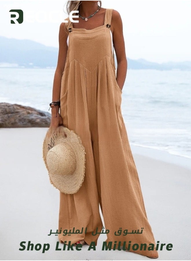 Women's Loose Jumpsuits One Piece Sleeveless Wide Leg Long Pant Rompers with Pockets Casual Beach Straight Overalls