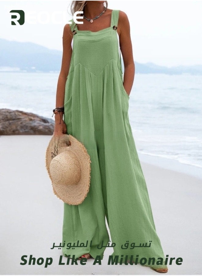 Women's Loose Jumpsuits One Piece Sleeveless Wide Leg Long Pant Rompers with Pockets Casual Beach Straight Overalls