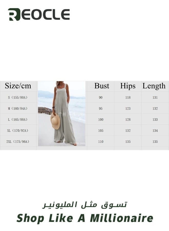 Women's Loose Jumpsuits One Piece Sleeveless Wide Leg Long Pant Rompers with Pockets Casual Beach Straight Overalls