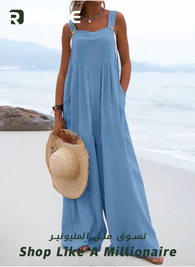 Women's Loose Jumpsuits One Piece Sleeveless Wide Leg Long Pant Rompers with Pockets Casual Beach Straight Overalls