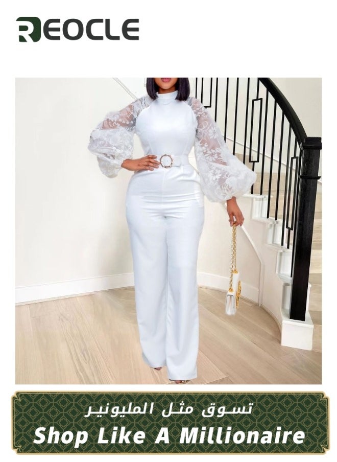 Women's Jumpsuits Mesh Lantern Long Sleeve Bodycon Long Straight Pants With Belt Evening Prom Party Rompers Wide Leg Playsuit Pants