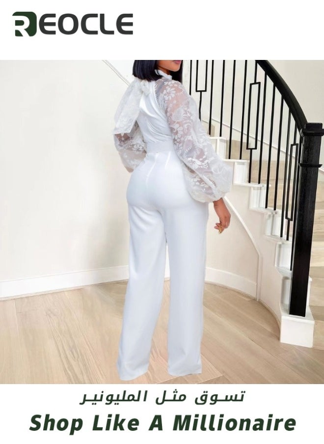 Women's Jumpsuits Mesh Lantern Long Sleeve Bodycon Long Straight Pants With Belt Evening Prom Party Rompers Wide Leg Playsuit Pants