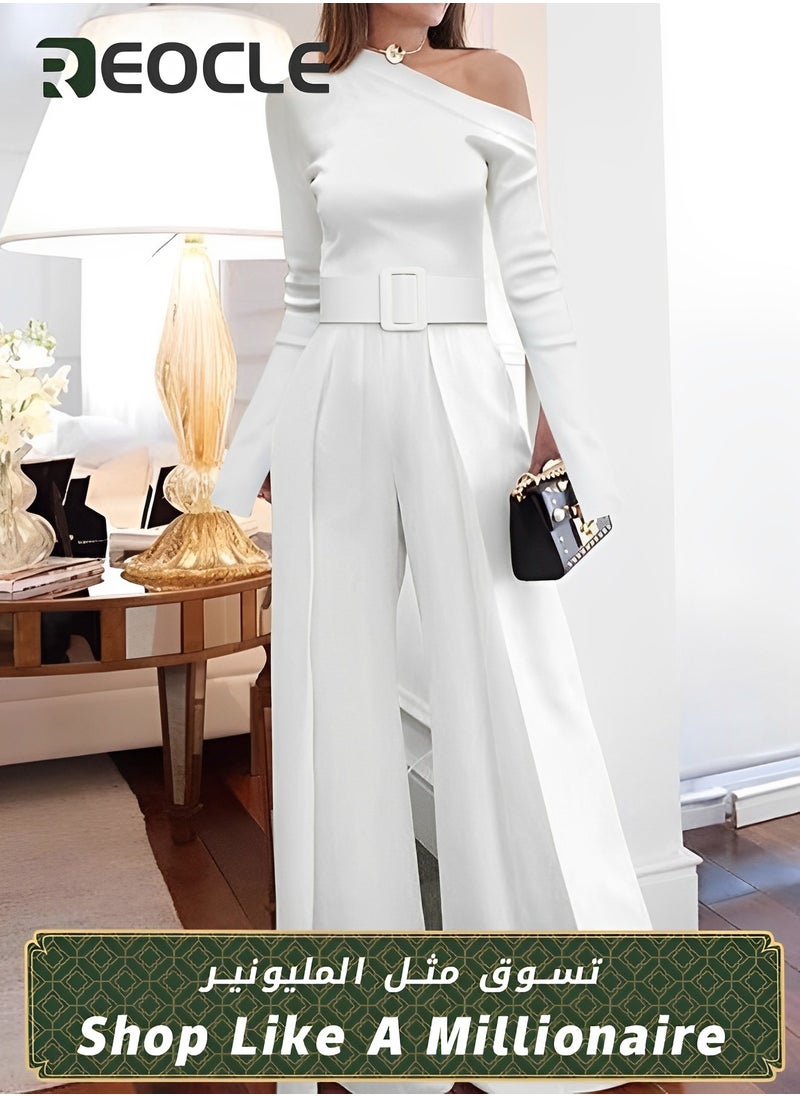 Casual Wide-leg Pants New Women's Long-sleeved One-piece Slim Fit One-shoulder Wide Belt Design Wide Wide Legs