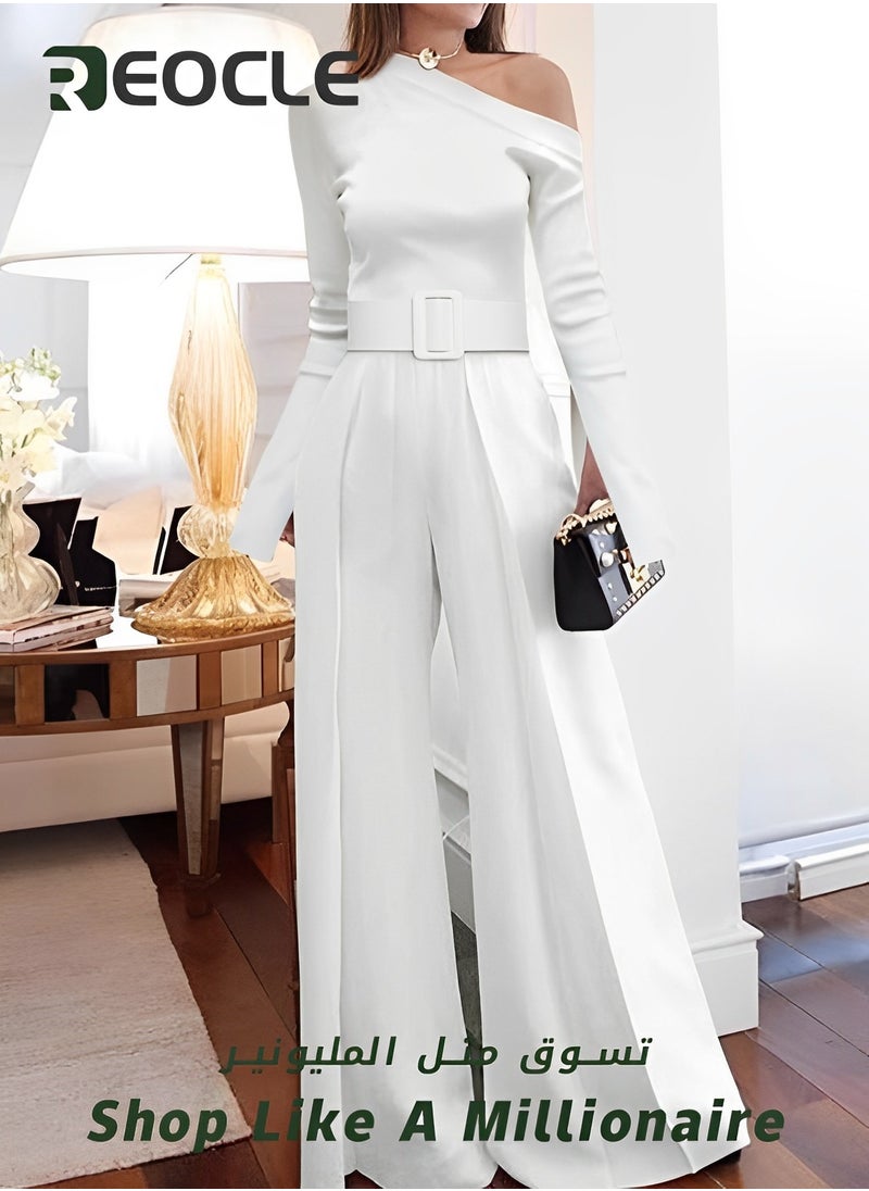 Casual Wide-leg Pants New Women's Long-sleeved One-piece Slim Fit One-shoulder Wide Belt Design Wide Wide Legs