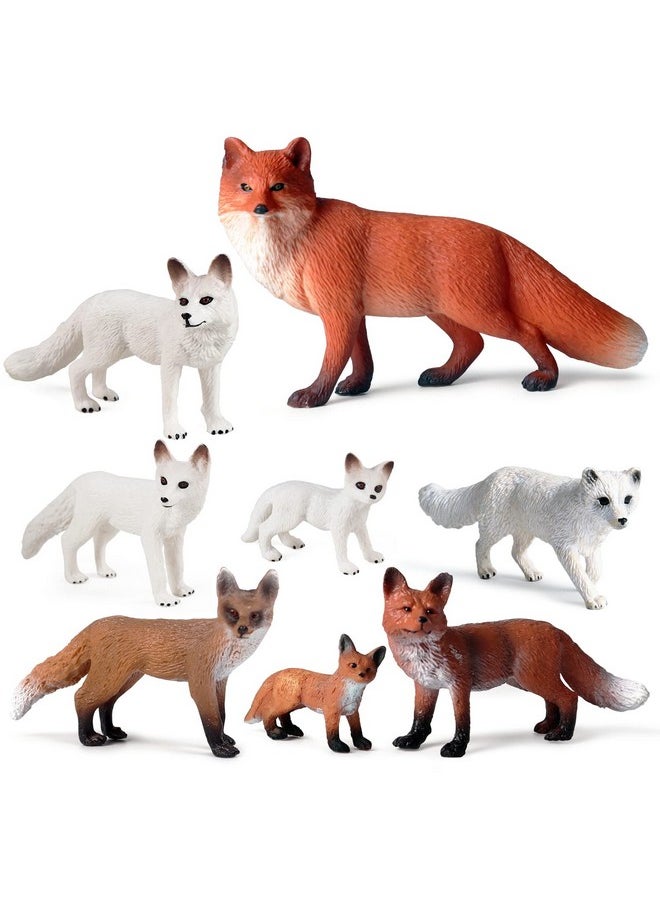 8Pcs Fox Toy Figures Arctic Fox And Red Foxes Figurines Set Fox Family Forest Animals Figures Woodland Animal Figurines Miniature Fox Animals Toys Cake Topper For Woodland Theme Birthday Party