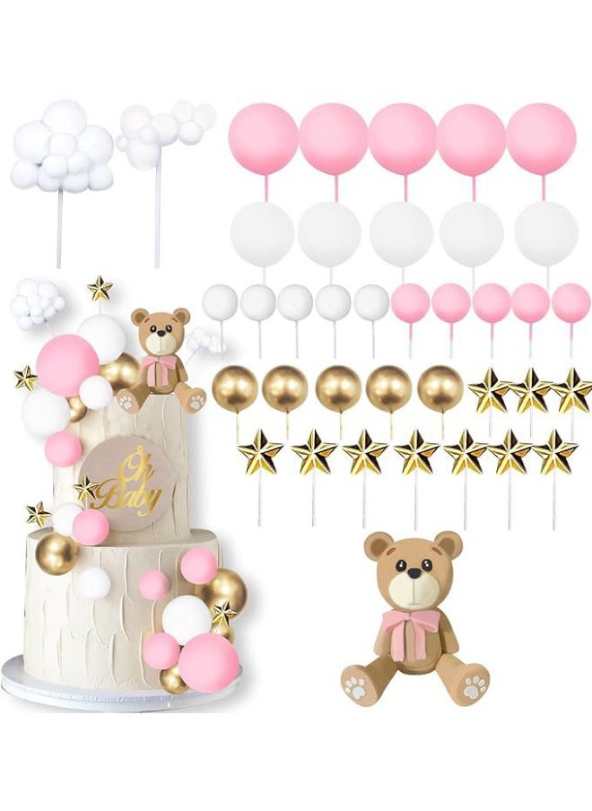 Small Bear Birthday Cake Decoration Set, Cake Toppers Kit Include 1 Small Bear, 10 White Small Balls, 10 Pink Small Balls, 5 Gold Small Balls, 2 clouds, 10 Stars for Birthday Party (38Pcs)