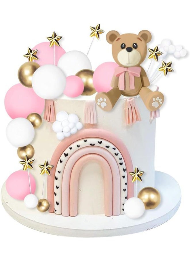 Small Bear Birthday Cake Decoration Set, Cake Toppers Kit Include 1 Small Bear, 10 White Small Balls, 10 Pink Small Balls, 5 Gold Small Balls, 2 clouds, 10 Stars for Birthday Party (38Pcs)