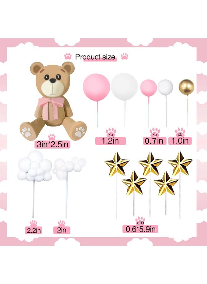 Small Bear Birthday Cake Decoration Set, Cake Toppers Kit Include 1 Small Bear, 10 White Small Balls, 10 Pink Small Balls, 5 Gold Small Balls, 2 clouds, 10 Stars for Birthday Party (38Pcs)