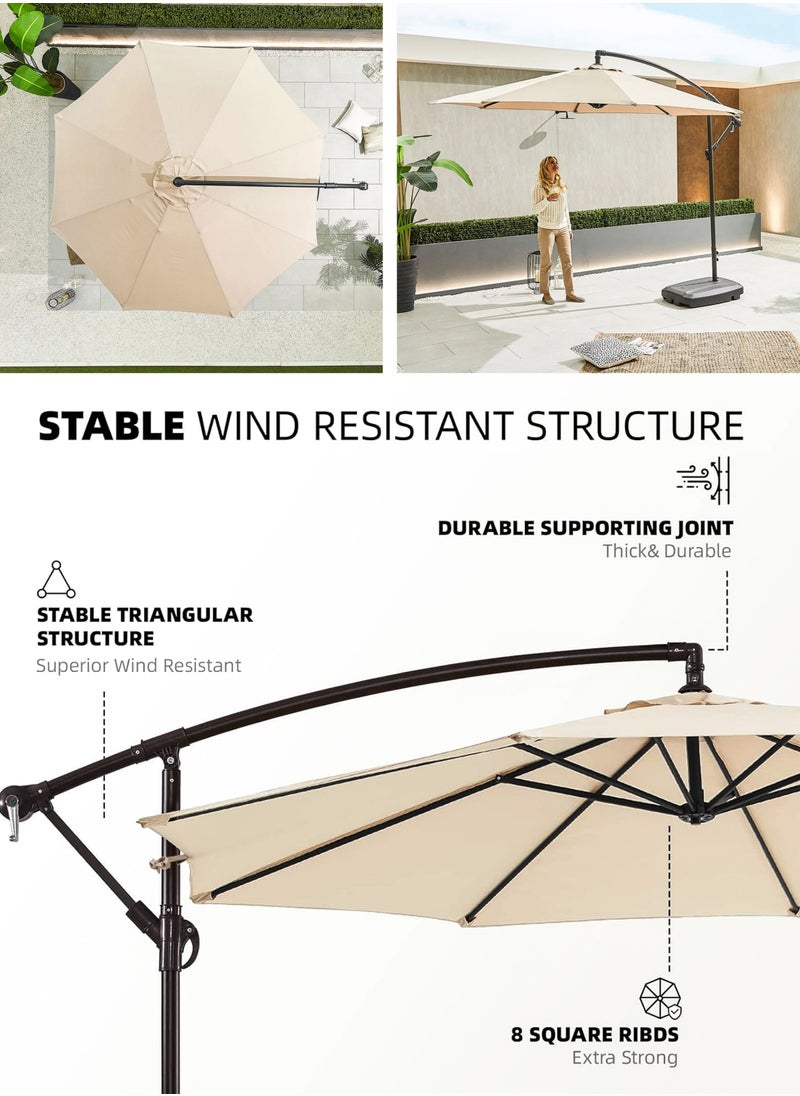 3M Round Cantilever Parasol Patio Umbrella with 60L Water Filled Base Crank Handle Adjustable Tilt Angle and Height Offset Hanging Sun Shade Banana Umbrella UV And Water Resistant 210g Polyester Canopy Rust-Resistant Steel Frame 360° Rotation and Portable Wheels for Outdoor Yard Garden Swimming Pool Camping or Patio