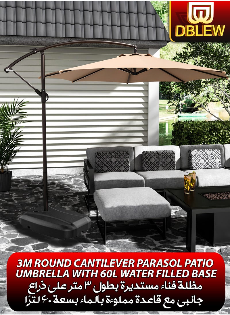 3M Round Cantilever Parasol Patio Umbrella with 60L Water Filled Base Crank Handle Adjustable Tilt Angle and Height Offset Hanging Sun Shade Banana Umbrella UV And Water Resistant 210g Polyester Canopy Rust-Resistant Steel Frame 360° Rotation and Portable Wheels for Outdoor Yard Garden Swimming Pool Camping or Patio