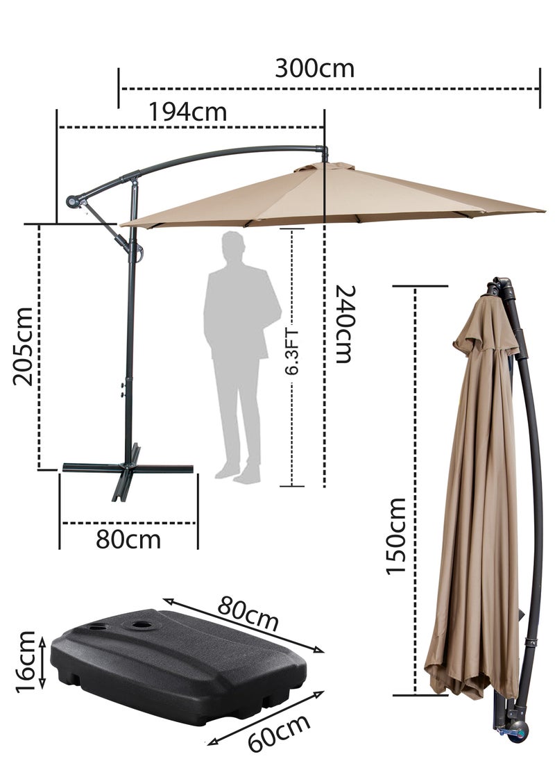 3M Round Cantilever Parasol Patio Umbrella with 60L Water Filled Base Crank Handle Adjustable Tilt Angle and Height Offset Hanging Sun Shade Banana Umbrella UV And Water Resistant 210g Polyester Canopy Rust-Resistant Steel Frame 360° Rotation and Portable Wheels for Outdoor Yard Garden Swimming Pool Camping or Patio