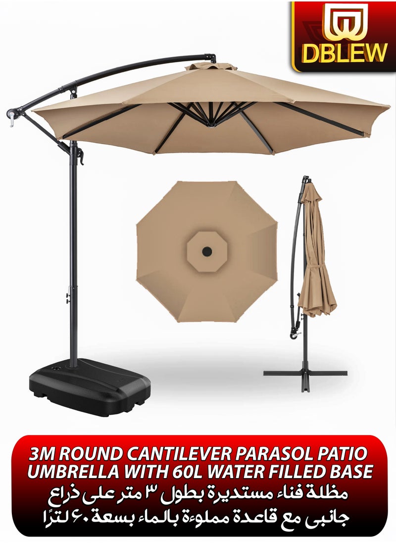 3M Round Cantilever Parasol Patio Umbrella with 60L Water Filled Base Crank Handle Adjustable Tilt Angle and Height Offset Hanging Sun Shade Banana Umbrella UV And Water Resistant 210g Polyester Canopy Rust-Resistant Steel Frame 360° Rotation and Portable Wheels for Outdoor Yard Garden Swimming Pool Camping or Patio