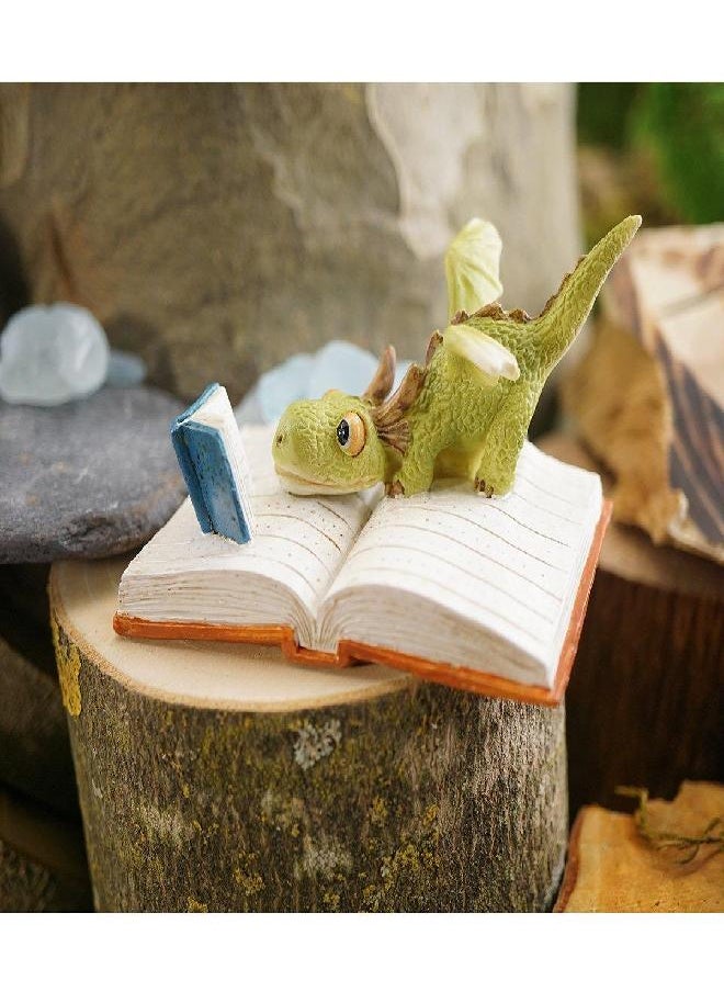 Top Collection Miniature Fairy Garden and Terrarium Mini Dragon Reading Figurine, Green White