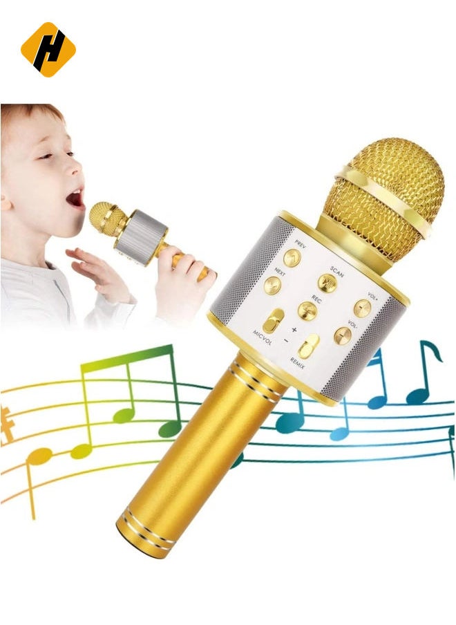 Wireless Bluetooth Karaoke Microphone for Kids, 5-in-1 Portable Handheld Karaoke Mic Speaker Player Recorder with Adjustable Remix FM Radio for Kids Girls Boys Teens Birthday (858-Gold)