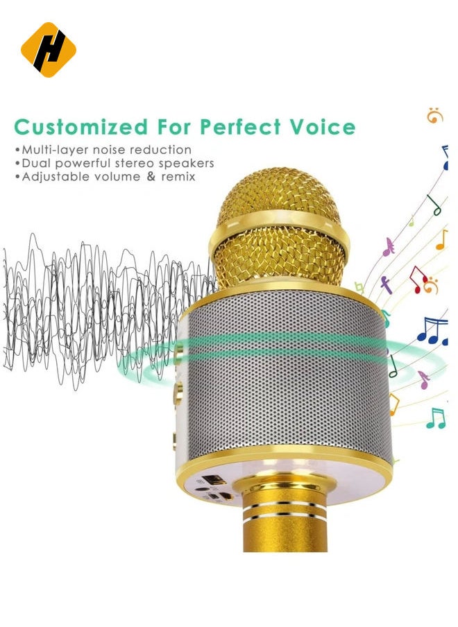 Wireless Bluetooth Karaoke Microphone for Kids, 5-in-1 Portable Handheld Karaoke Mic Speaker Player Recorder with Adjustable Remix FM Radio for Kids Girls Boys Teens Birthday (858-Gold)