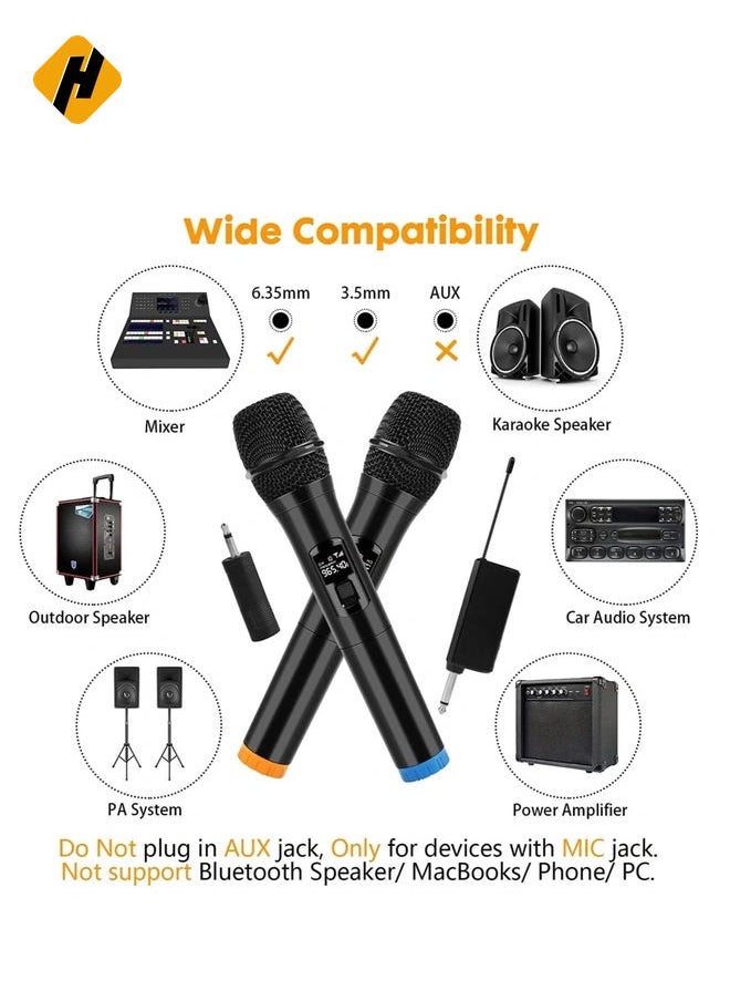 2 pack Wireless Unidirectional Microphone HAndheld Mic With Receiver 1/4 Output For Conference/Weddings/Church/Stage/Party/Karaoke, (Duel Cordless) (Black)