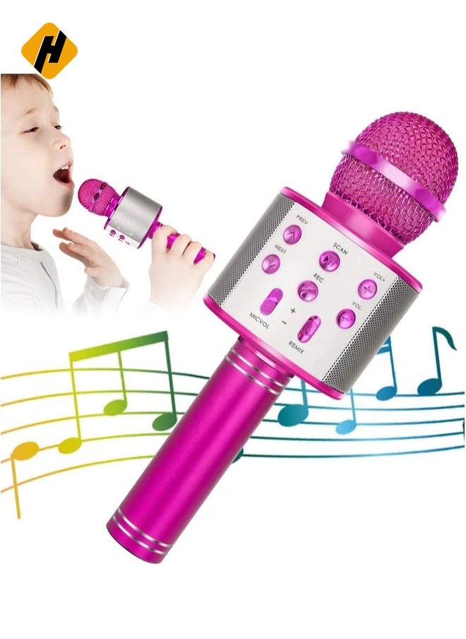 Wireless Bluetooth Karaoke Microphone for Kids, 5-in-1 Portable Handheld Karaoke Mic Speaker Player Recorder with Adjustable Remix FM Radio for Kids Girls Boys Teens Birthday (858-Hot Pink)