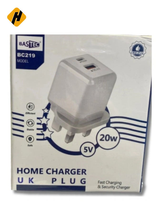 Dual USB-C Wall Charger, 20W, Model BC219, BASTEC