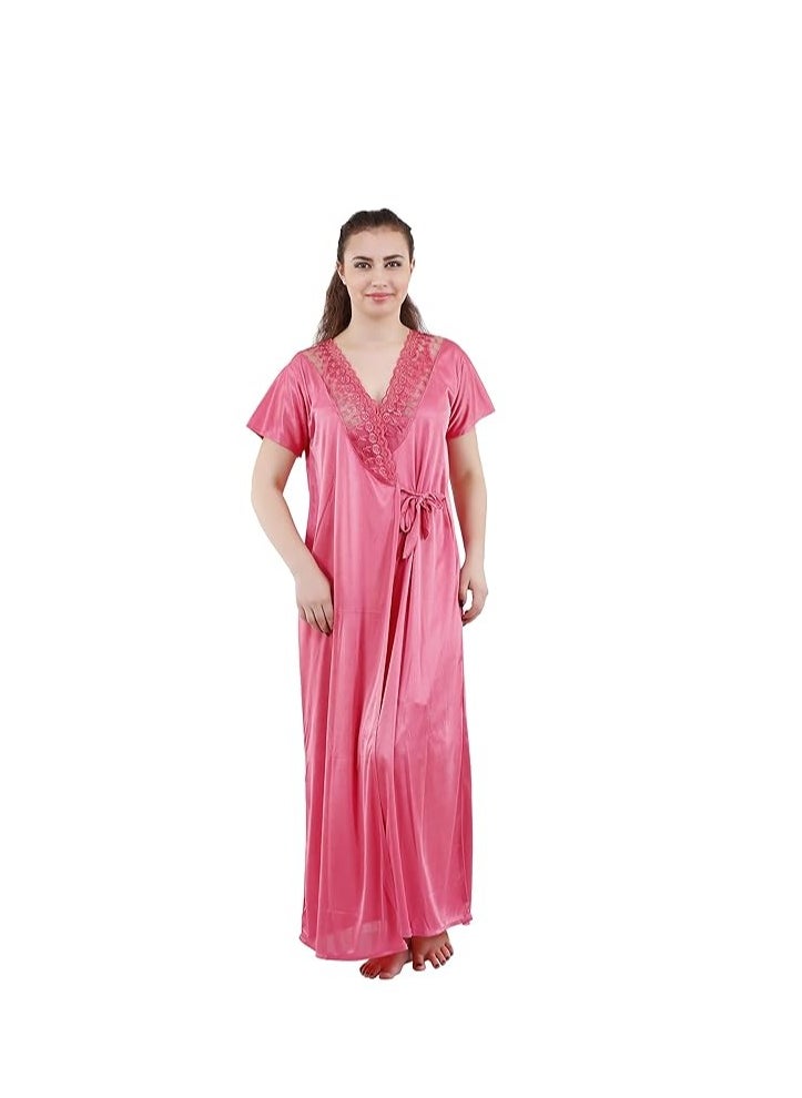 Women's Satin Solid Maxi (Size - Free Size) (Nightwear Set Pack of 2)
