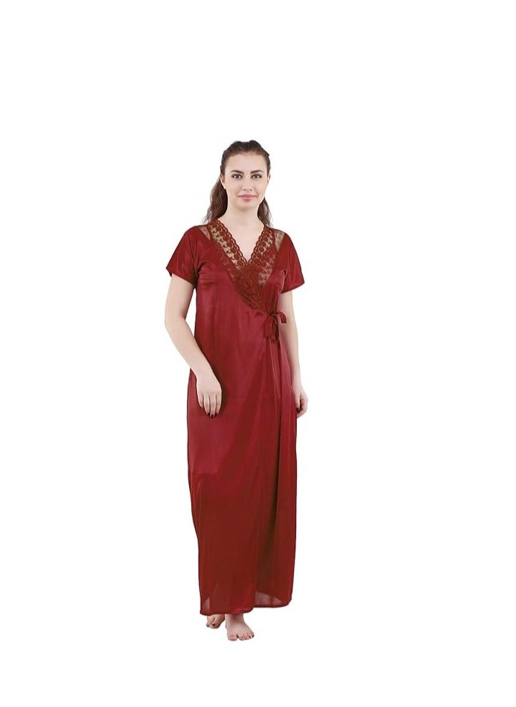 Women's Satin Solid Maxi (Size - Free Size) (Nightwear Set Pack of 2)