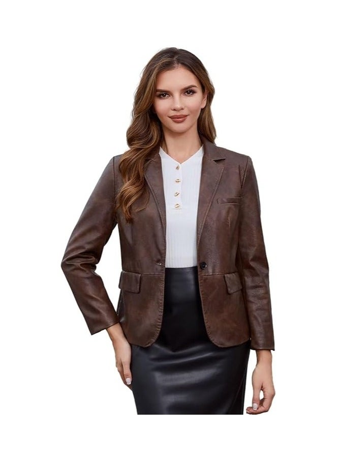 Women's Leather Blazer-Oversized Vintage Button Down Fashion Leather Jacket