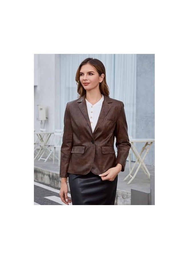 Women's Leather Blazer-Oversized Vintage Button Down Fashion Leather Jacket