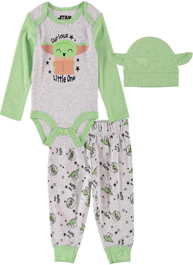 Star Wars Mandalorian The Child Baby Boys Baby Yoda Clothing 3-Piece Set - Baby Boy Clothes with Bodysuit, Pants, and Hat (Grey/Green/Orange, 0-3M)