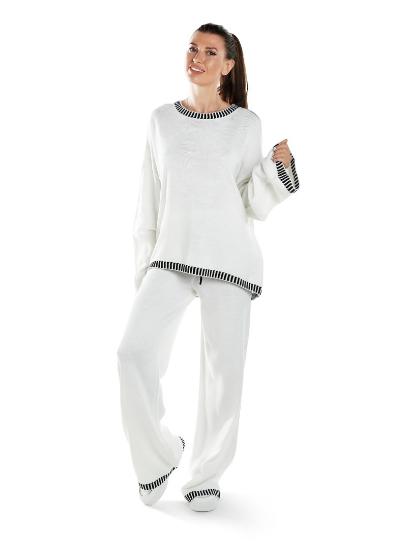 Contrast Stitch Detail Knit Sweater Trouser in Cream