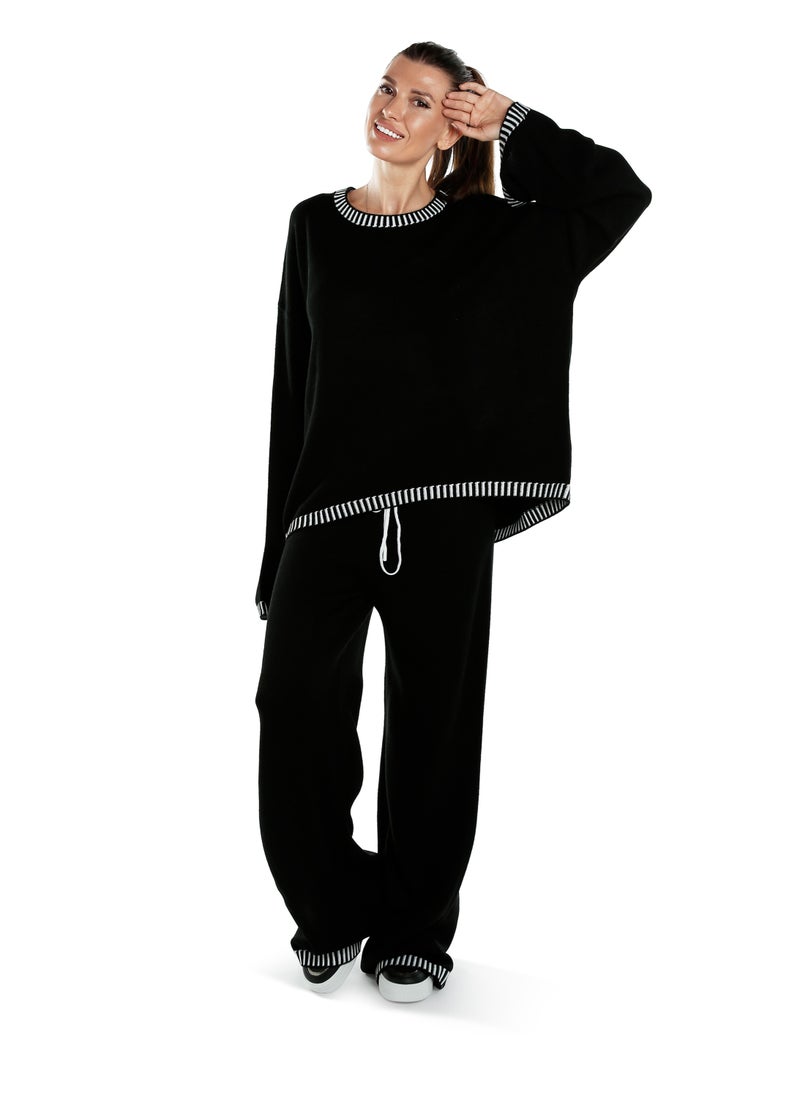 Contrast Stitch Detail Knit Sweater Trouser in Monochrome