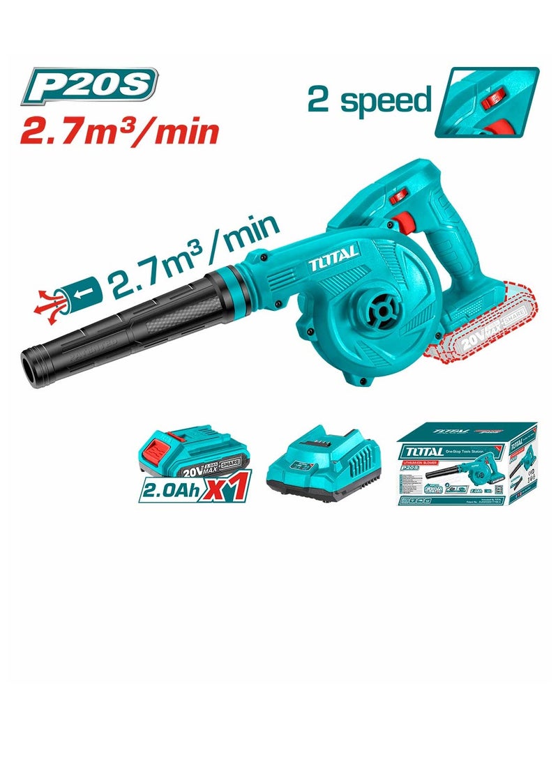 TOTAL Lithium-ion Cordless Blower 20V - 2 Speed Adjustable, 0-18000rpm, 2.7m³/min Air Volume, Includes 2.0Ah Battery & Charger – Powerful, Lightweight Leaf & Debris Blower for Lawn, Garden & Garage Cleaning