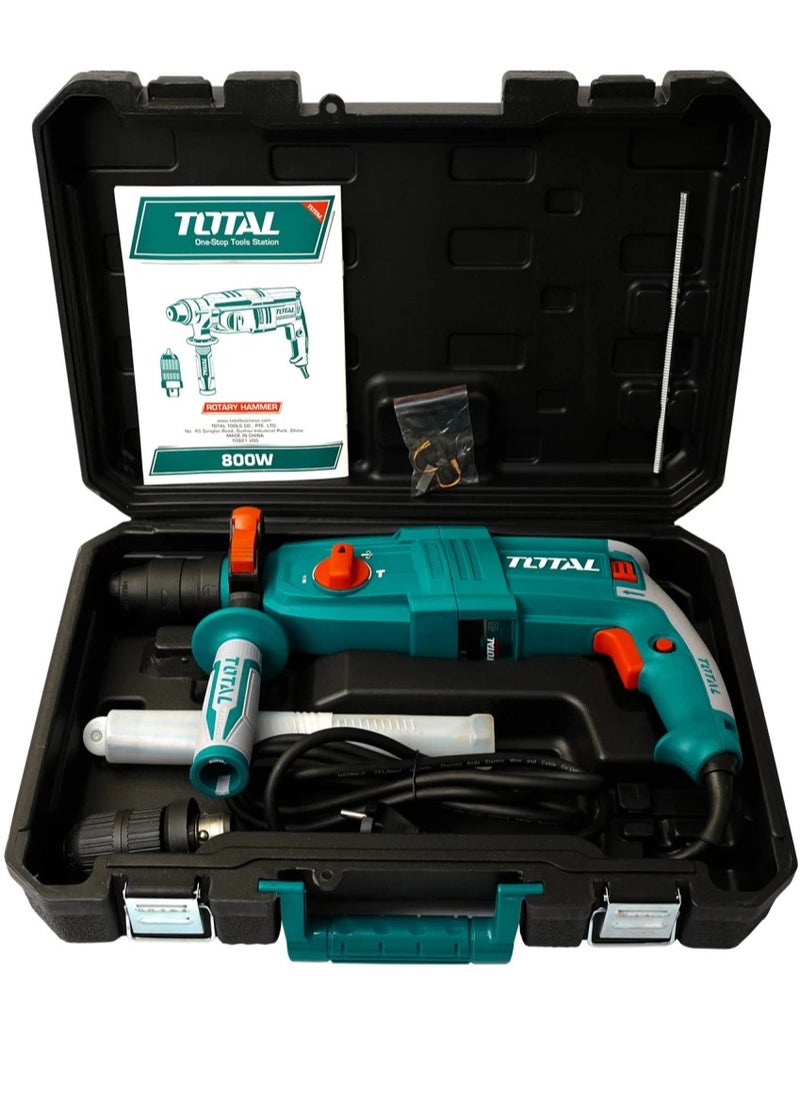 TOTAL Rotary Hammer 800W – SDS Plus Chuck System, 2.5J Impact Energy, 0-4000 BPM, Max Drilling Capacity 26mm Concrete, Includes 3 Drills, 2 Chisels & Extra Carbon Brushes – Powerful Tool for Drilling & Chiseling