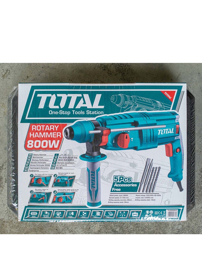 TOTAL Rotary Hammer 800W – SDS Plus Chuck System, 2.5J Impact Energy, 0-4000 BPM, Max Drilling Capacity 26mm Concrete, Includes 3 Drills, 2 Chisels & Extra Carbon Brushes – Powerful Tool for Drilling & Chiseling