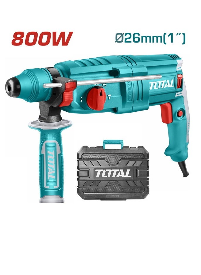 TOTAL Rotary Hammer 800W – SDS Plus Chuck System, 2.5J Impact Energy, 0-4000 BPM, Max Drilling Capacity 26mm Concrete, Includes 3 Drills, 2 Chisels & Extra Carbon Brushes – Powerful Tool for Drilling & Chiseling