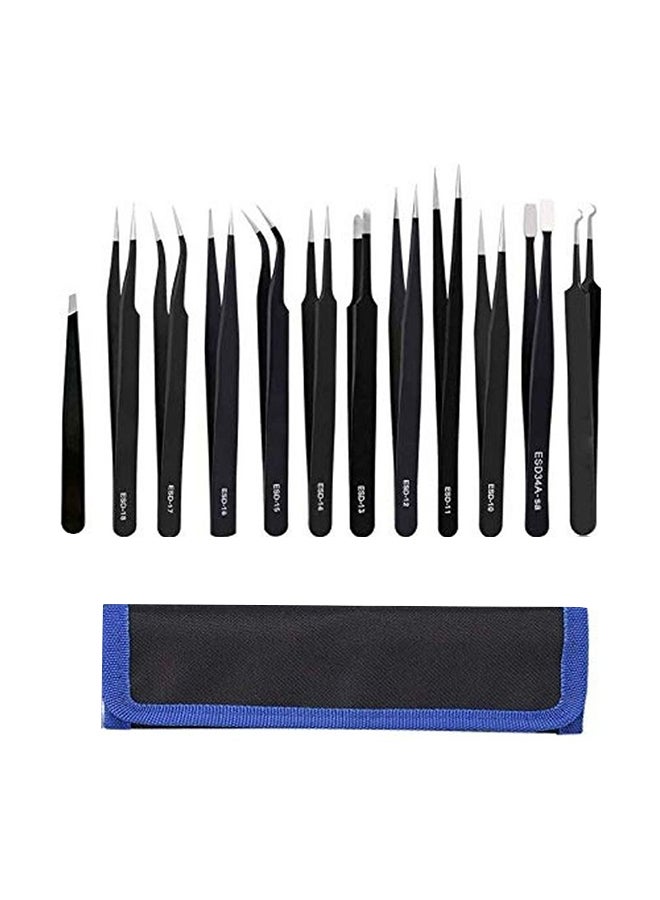 12-Piece Tweezers Precision Set With Case Black/Blue