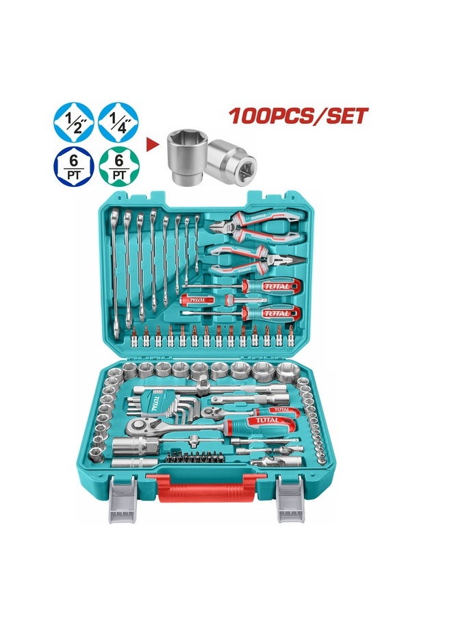 TOTAL 100-Piece Tools Set with Ratchets, Sockets, Wrenches, Screwdrivers, Pliers, and More – Complete DIY & Automotive Repair Kit