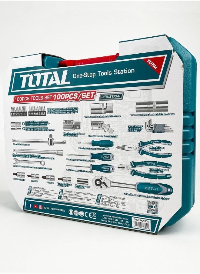 TOTAL 100-Piece Tools Set with Ratchets, Sockets, Wrenches, Screwdrivers, Pliers, and More – Complete DIY & Automotive Repair Kit