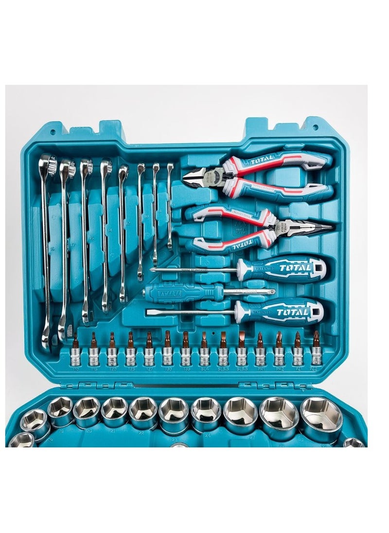 TOTAL 100-Piece Tools Set with Ratchets, Sockets, Wrenches, Screwdrivers, Pliers, and More – Complete DIY & Automotive Repair Kit