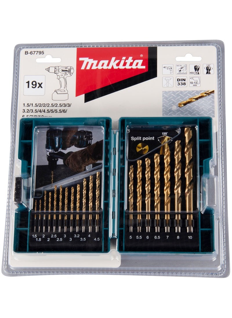 Makita B-67795 Metal Drill Bit Set HSS TiN 19 Pieces for Metal Drilling 1.5-10mm Cylindrical Shank