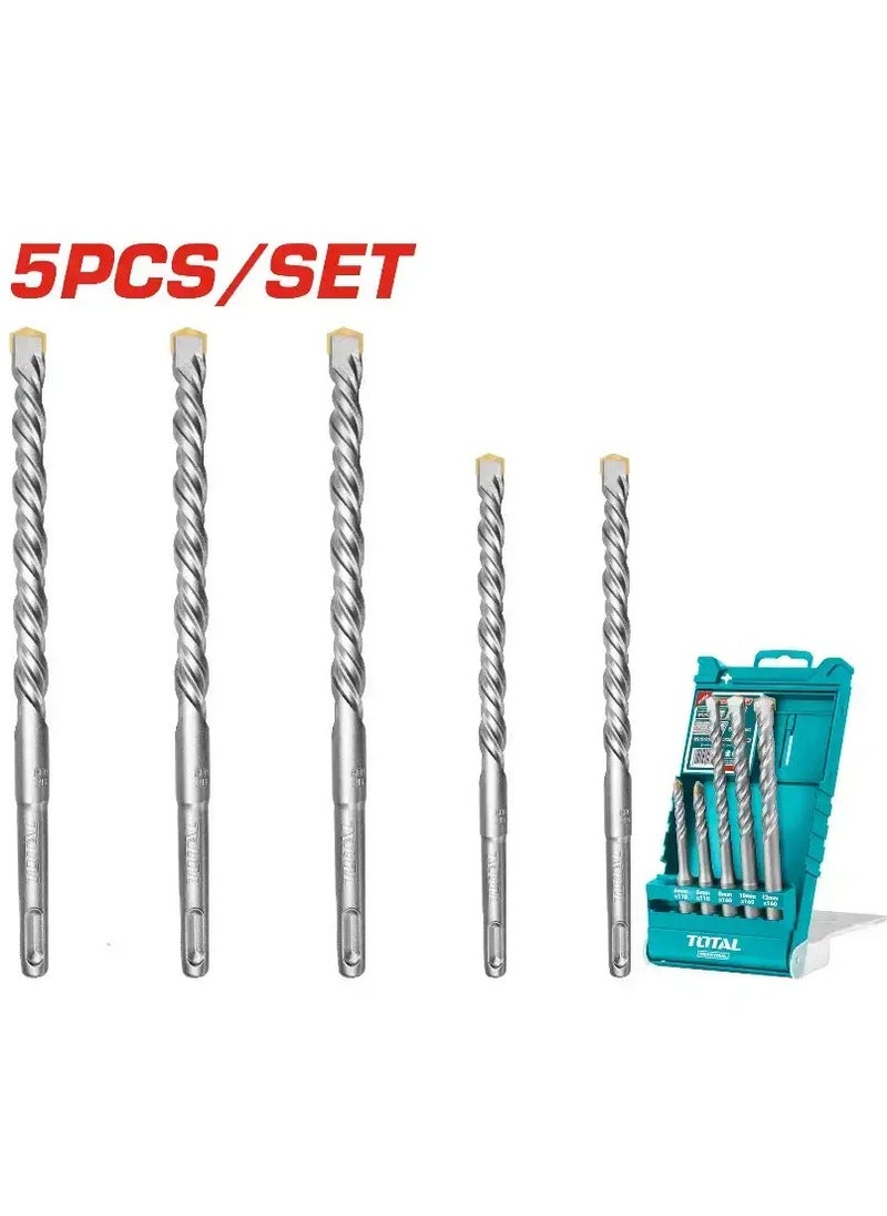 TOTAL SDS Plus Drill Bits Set, 5 Pcs (6X110mm, 8X110mm, 8X160mm, 10X160mm, 12X160mm) – High-Quality Drill Bits for Concrete, Masonry, and Brickwork