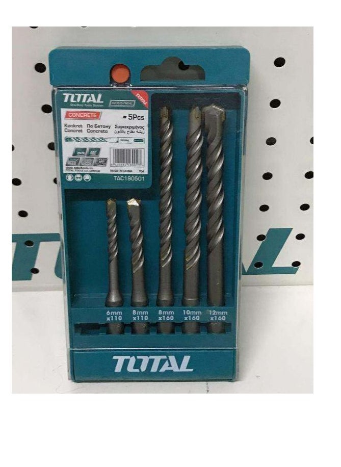 TOTAL SDS Plus Drill Bits Set, 5 Pcs (6X110mm, 8X110mm, 8X160mm, 10X160mm, 12X160mm) – High-Quality Drill Bits for Concrete, Masonry, and Brickwork