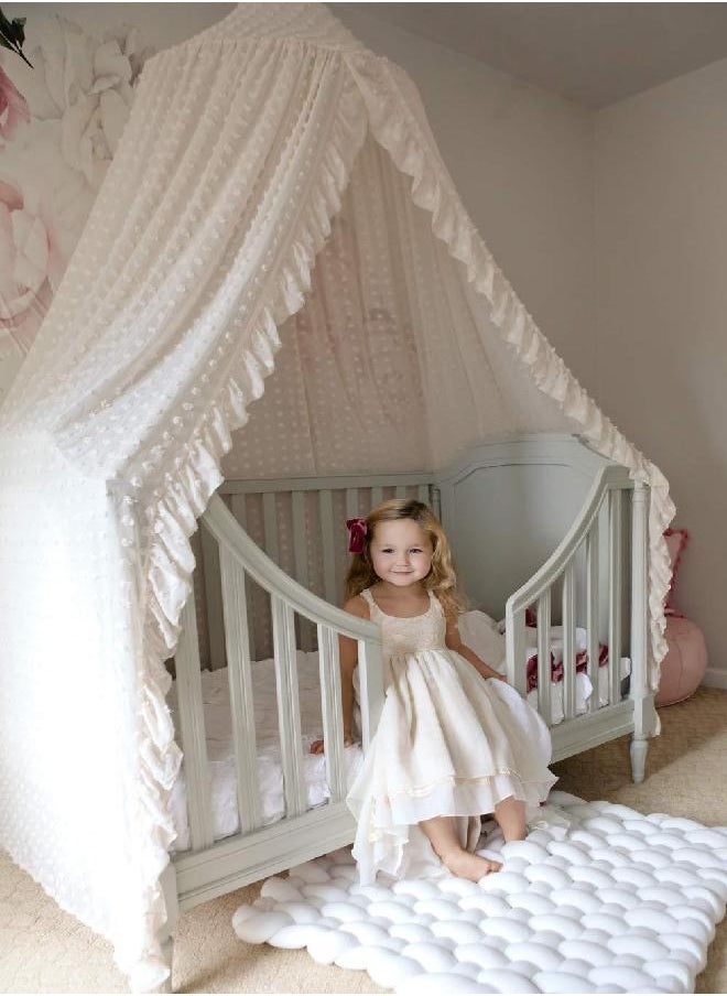 Wonder Space Elegant Kids Bed Canopy - Lace Chiffon Netting with Pom Pom, Princess Girls Fairy Dream Tent, Nursery Room Baby Crib Hanging Curtain Mosquito Net Children Reading Nook Decoration (White)