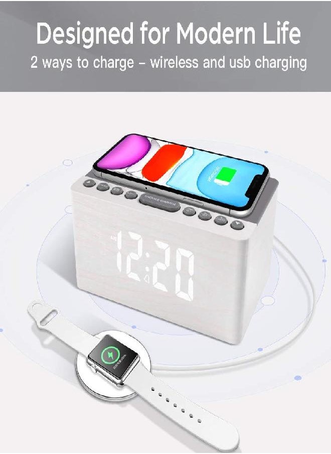 ANJANK Wooden Digital Alarm Clock FM Radio,10W Fast Wireless Charger Station for iPhone/Samsung Galaxy,5 Level Dimmer,USB Charging Port,2 Wake up Sounds,Bedrooms Sleep Timer,Wood LED Clock for Bedside