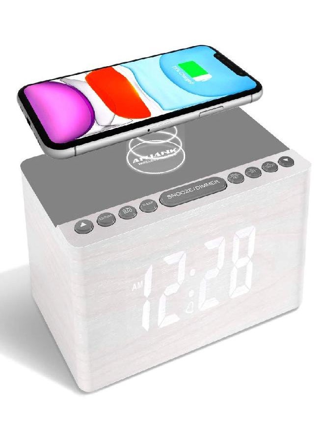 ANJANK Wooden Digital Alarm Clock FM Radio,10W Fast Wireless Charger Station for iPhone/Samsung Galaxy,5 Level Dimmer,USB Charging Port,2 Wake up Sounds,Bedrooms Sleep Timer,Wood LED Clock for Bedside