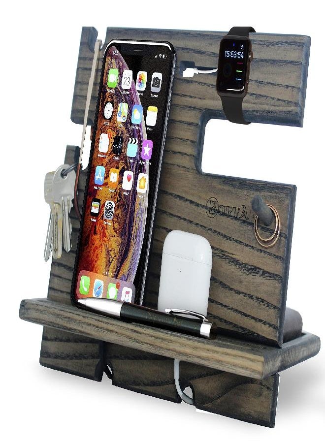 BarvA Wood Docking Station Farmhouse Decor Nightstand Organizer Phone Wallet Watch Stand Key Holder Charging Dock Desk Accessories Tech Gadgets Bedside Caddy Birthday Gifts for Men Side Table EDC Tray