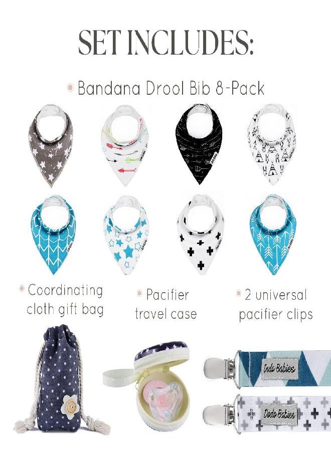 Dodo Babies Bandana Drool Bib Set - Eight 100% Cotton Bibs with Soft Polyester Lining, 2 Pacifier Clips, Binky Case, Blue Gift Bag for Baby Girl or Boy Shower - Adjustable Snap Fit for 3-24 Months