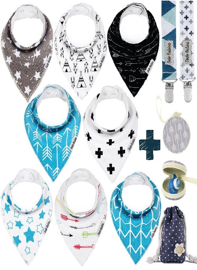 Dodo Babies Bandana Drool Bib Set - Eight 100% Cotton Bibs with Soft Polyester Lining, 2 Pacifier Clips, Binky Case, Blue Gift Bag for Baby Girl or Boy Shower - Adjustable Snap Fit for 3-24 Months