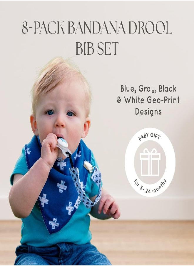Dodo Babies Bandana Drool Bib Set - Eight 100% Cotton Bibs with Soft Polyester Lining, 2 Pacifier Clips, Binky Case, Blue Gift Bag for Baby Girl or Boy Shower - Adjustable Snap Fit for 3-24 Months