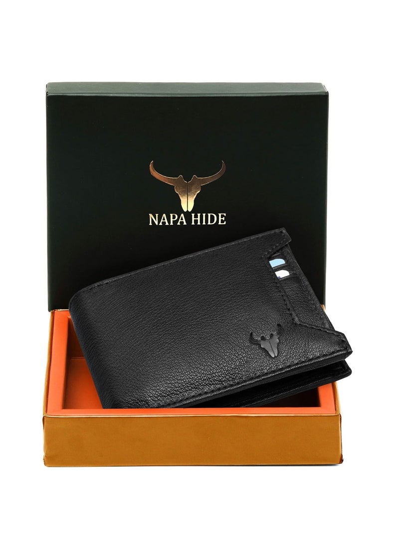 NAPA HIDE Black Leather Wallet for Men I 3 Card Slots I 2 Currency Compartments I 1 ID Window I 3 Secret Compartments I External Card Slot I 1 Coin Pocket